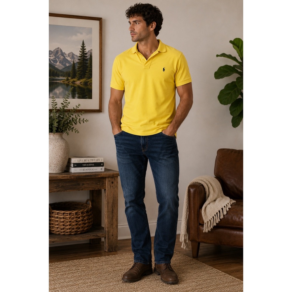 Polo Ralph Lauren Yellow Cotton Pique Short Sleeve Polo Shirt Navy Pony Mens S